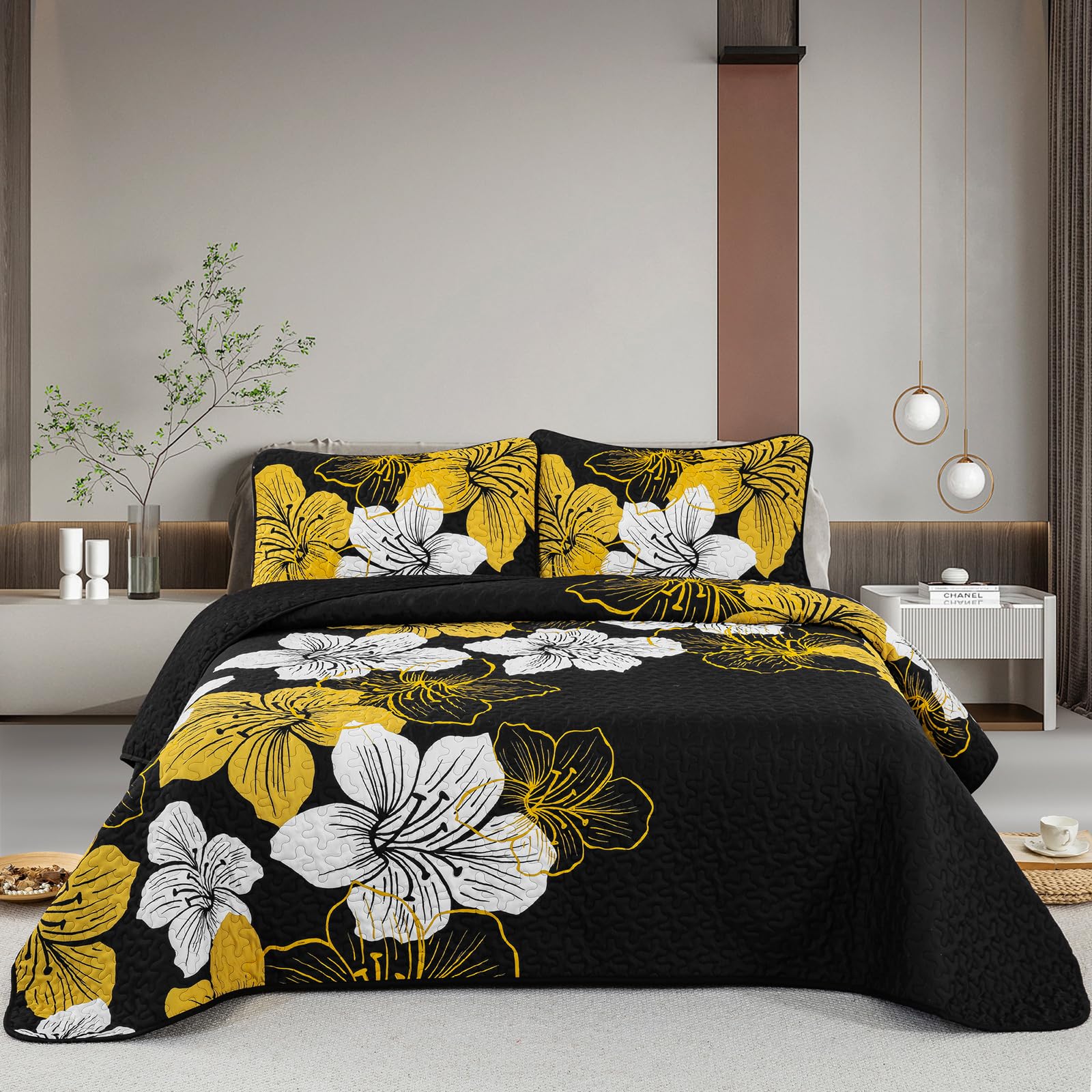 Djy 3 Pieces Quilt Set California King Gold Floral Pattern Black Quilt Coverlet Set Gorgeous Boho Bedspread With 2 Pillow Cases
